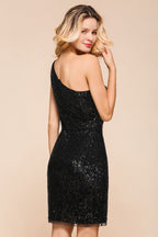 Robe de soirée courte mini à paillettes noires asymétriques, ornée de sequins.