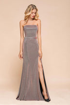 Robe de bal longue sans bretelles à paillettes, fendue et sans manches