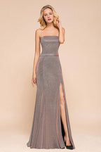 Robe de bal longue sans bretelles à paillettes, fendue et sans manches