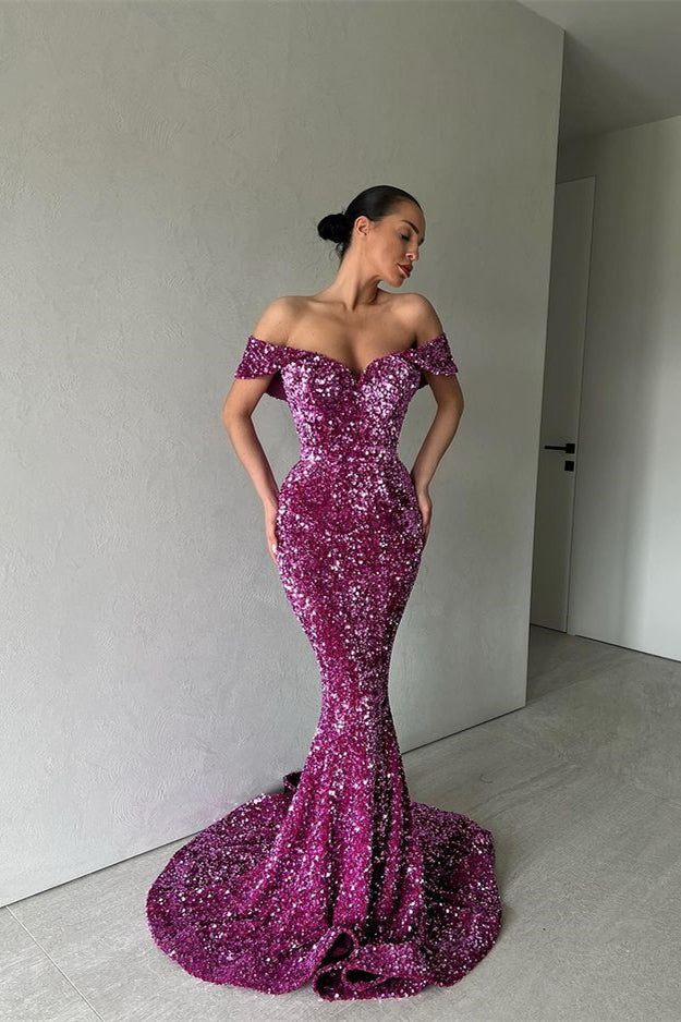Vestidos de fiesta de sirena con escote corazón y hombros descubiertos, con lentejuelas brillantes
