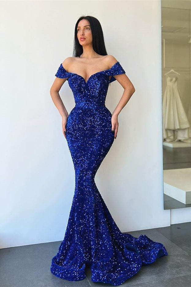 Vestidos de fiesta de sirena con escote corazón y hombros descubiertos, con lentejuelas brillantes