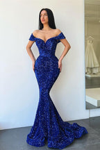 Vestidos de fiesta de sirena con escote corazón y hombros descubiertos, con lentejuelas brillantes