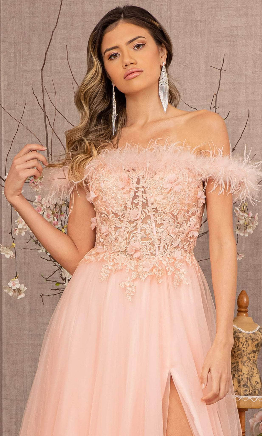 Robe de soirée à épaules dénudées ornée de plumes