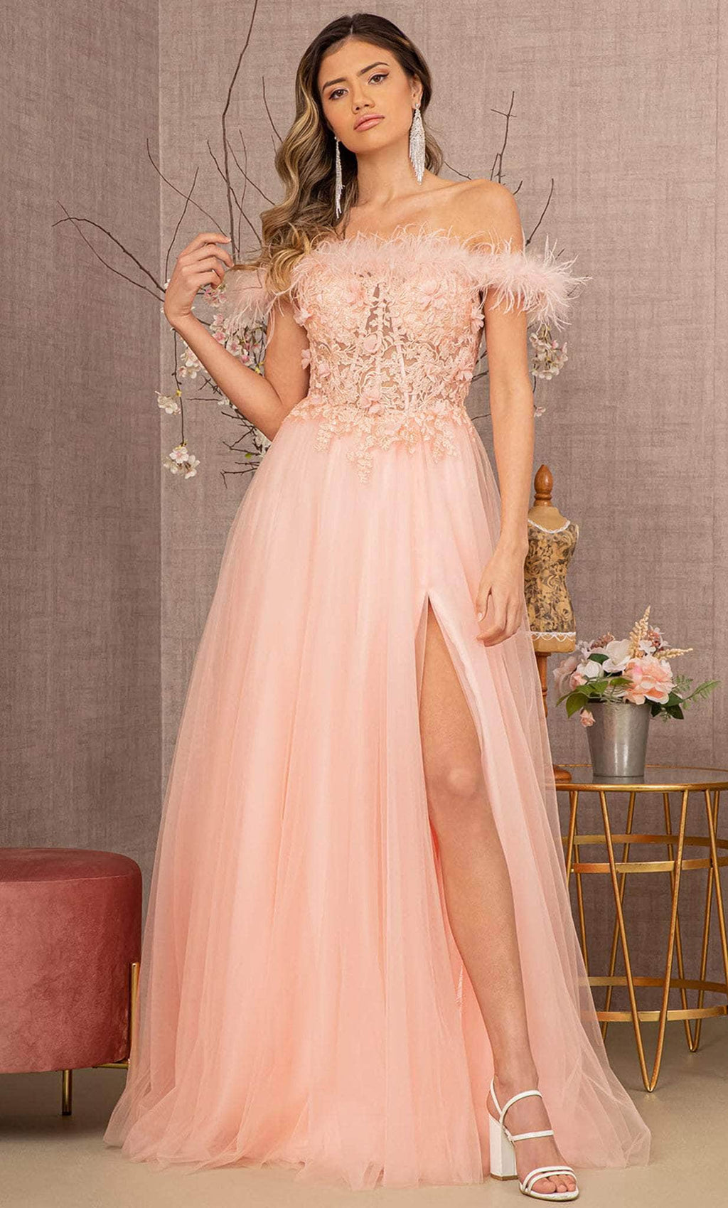 Robe de soirée à épaules dénudées ornée de plumes