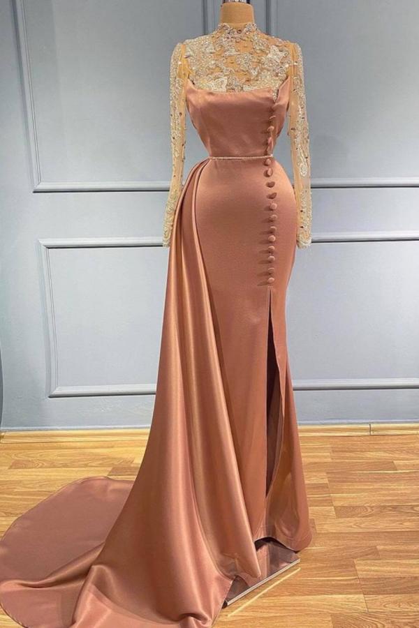 Goegeous Mermaid Evening Dress Lace High-Neck With Buttons Long Sleeves