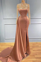 Goegeous Mermaid Evening Dress Lace High-Neck With Buttons Long Sleeves