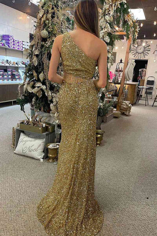 Two Piece Sequined One Shoulder Long Party Dress with Tassel