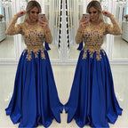 Robe de soirée à manches ornée de perles dorées et de dentelle 