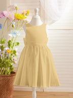 Elegante vestido de niña de las flores de satén con corte en A, espalda en V y lazo, hasta la rodilla 