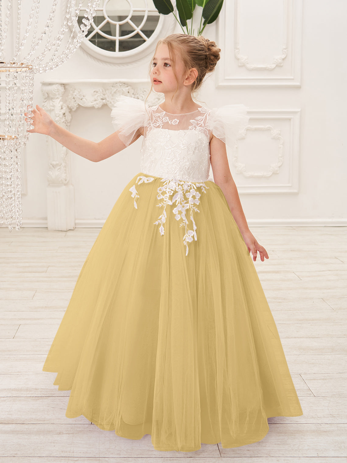 Vestido de niña de las flores con cola de tul y encaje desmontable