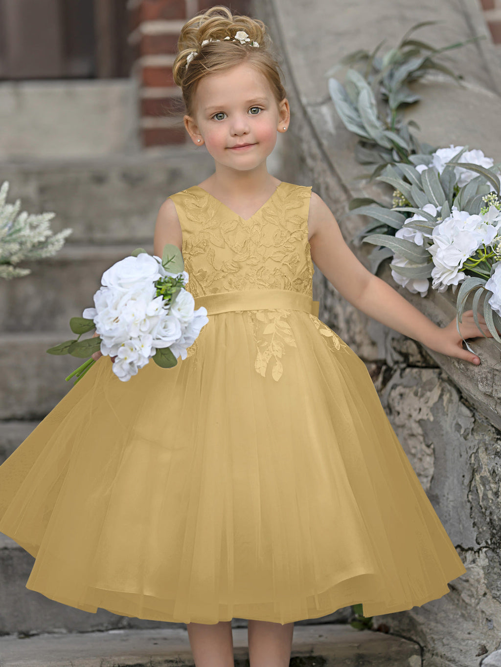 Vestido de niña de las flores sin mangas de tul y encaje hasta la rodilla 