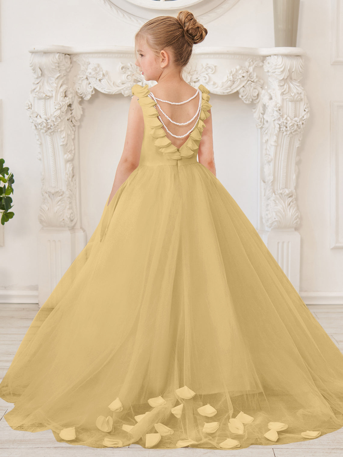 Elegante vestido blanco de tul para niña de las flores con cola corta 