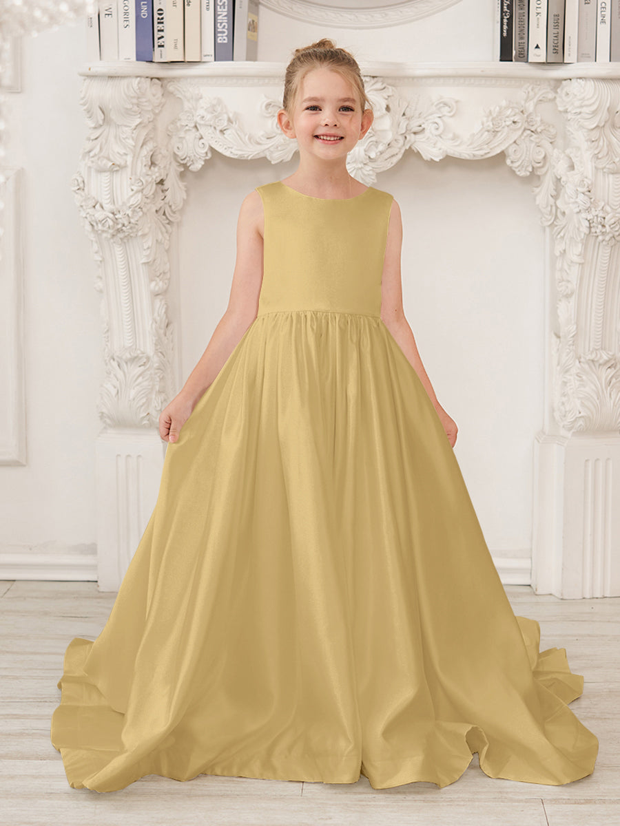 Vestido de niña de las flores de satén sin mangas, corte princesa, con cola y lazo. 