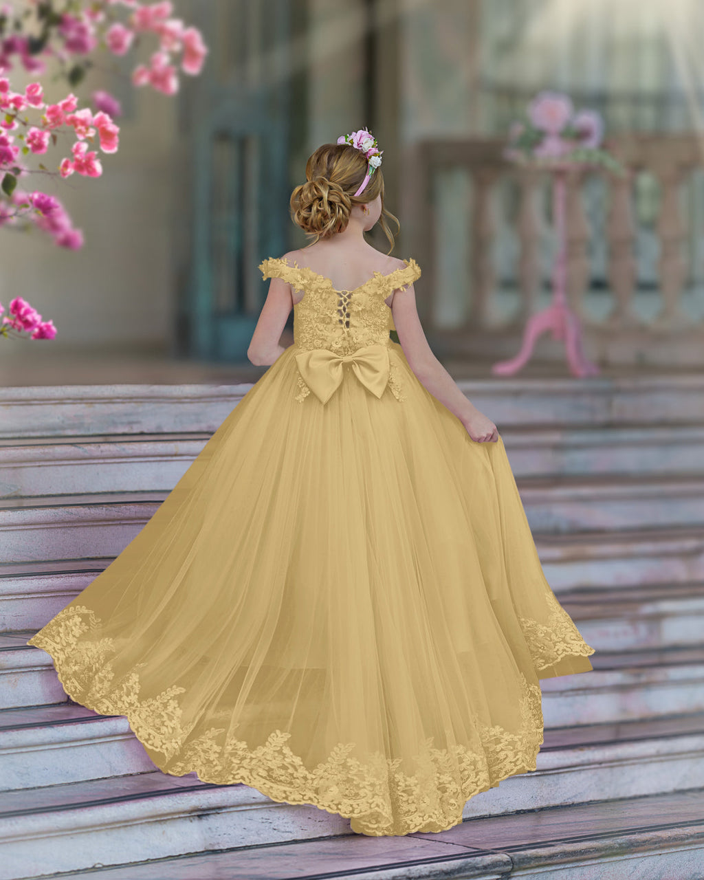 Vestido de gala/princesa rosa con cola de encaje para cumpleaños 