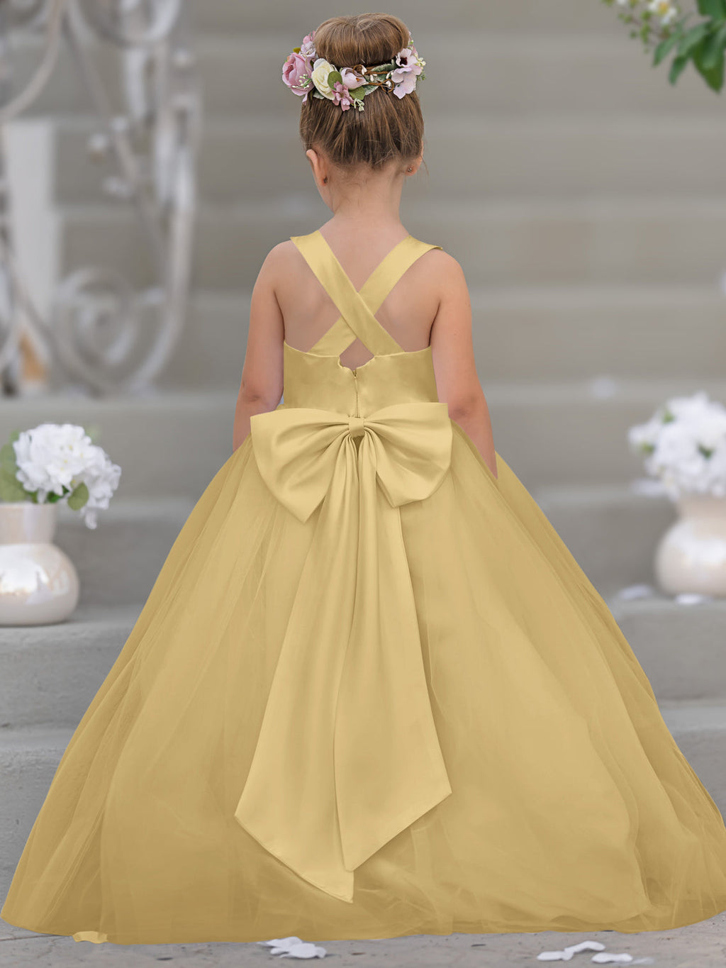 Vestido de niña de las flores clásico de corte en A sin mangas en satén y tul 