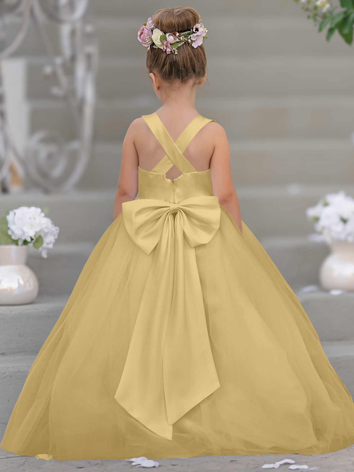 Vestido de niña de las flores clásico de corte en A sin mangas en satén y tul 