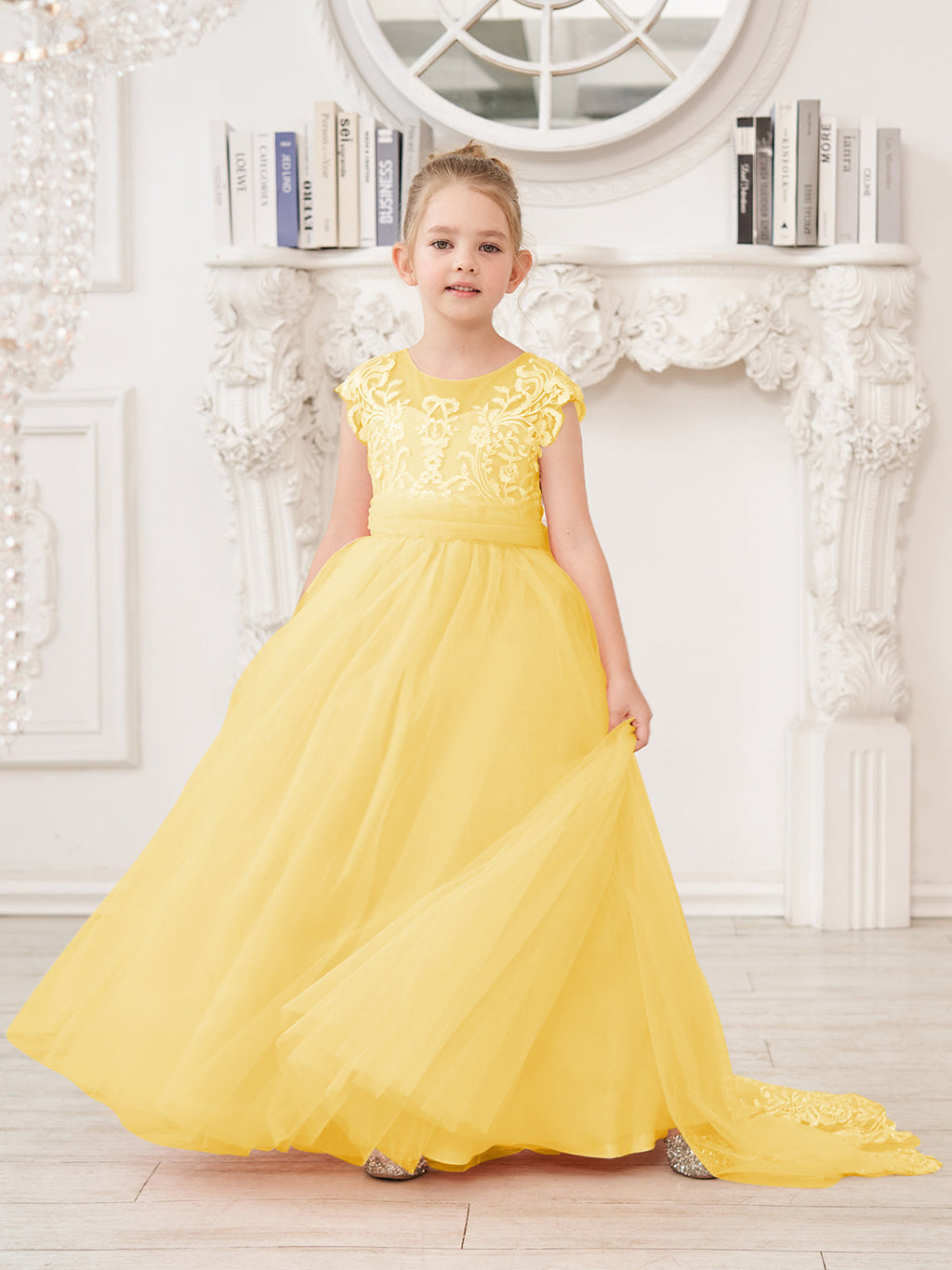 Vestido rosa de niña de las flores, corte en A, encaje, tul y cola corta 