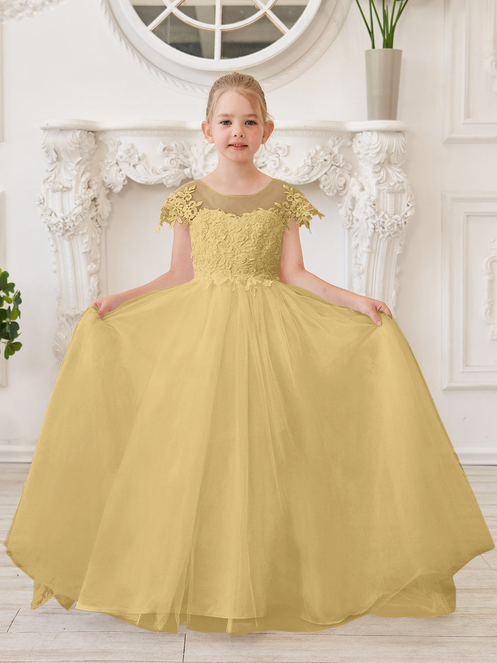Vestido de niña de las flores para la Primera Comunión, color marfil, con cola desmontable estilo princesa. 