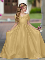 Elegante vestido de princesa de satén marfil con cola y lazo para niñas de las flores 