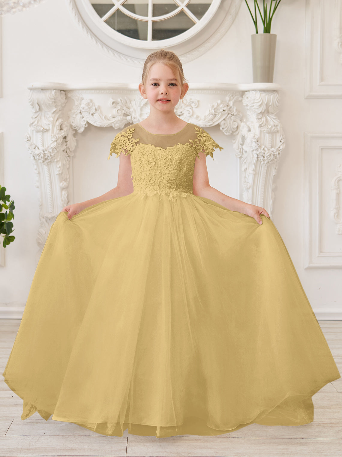 Vestido de niña de las flores para la Primera Comunión, color marfil, con cola desmontable estilo princesa. 