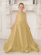 Vestido de niña de las flores de satén sin mangas, corte princesa, con cola y lazo. 
