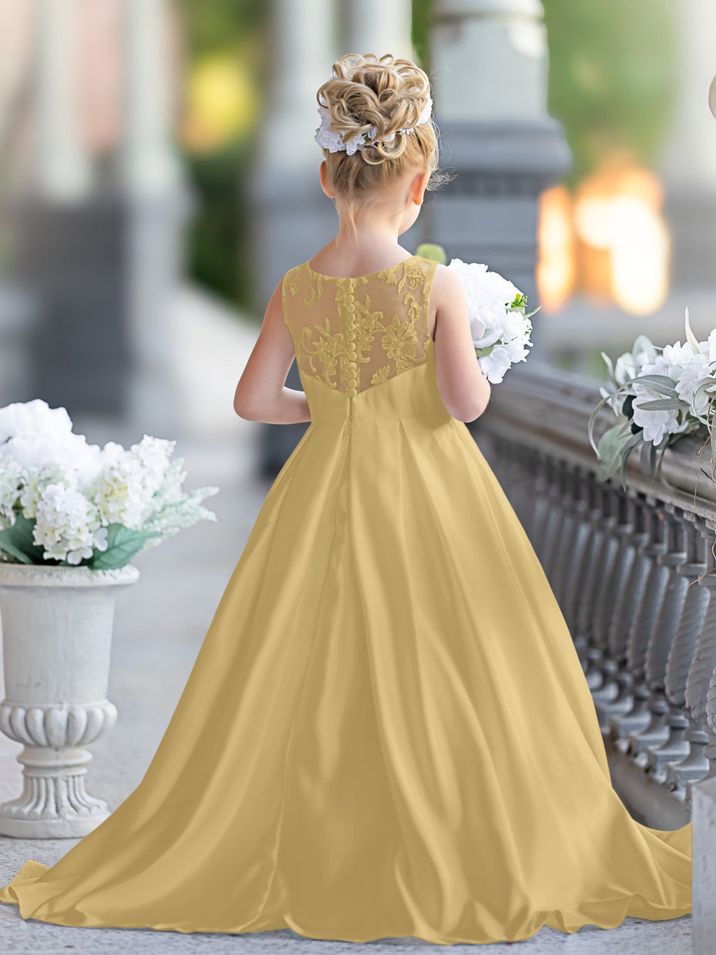 Vestido de niña de las flores para la Primera Comunión, corte en A, encaje y satén, hasta el suelo 
