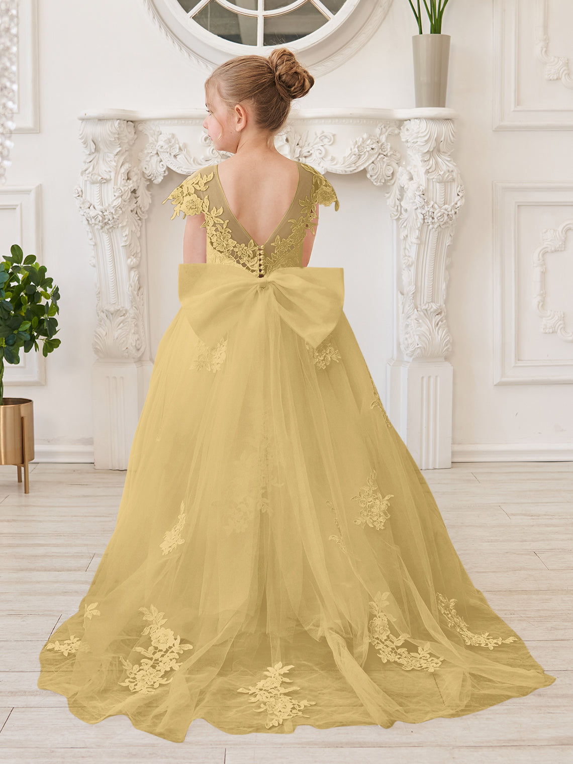 Vestido de niña de las flores para la Primera Comunión, color marfil, con cola desmontable estilo princesa. 