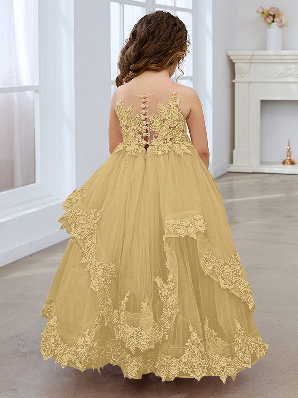 Vestido de princesa sin mangas de tul con apliques de encaje y cola corta para niñas 
