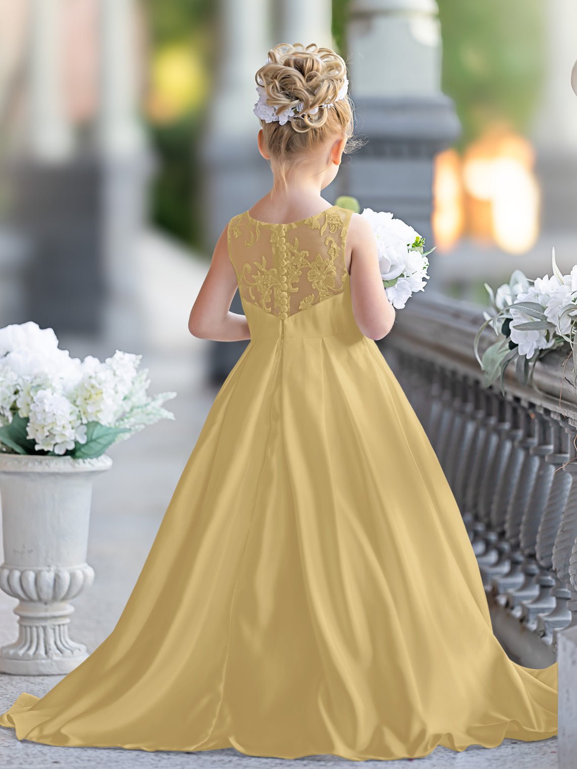 Vestido de niña de las flores para la Primera Comunión, corte en A, encaje y satén, hasta el suelo 