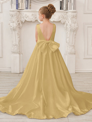 Vestido de niña de las flores de satén sin mangas, corte princesa, con cola y lazo. 