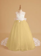 Vestido de niña de las flores sin mangas de encaje y tul con cuentas, estilo princesa de ensueño 