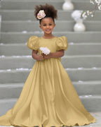 Vestido de niña de las flores con mangas abullonadas, lazo, botones en la espalda y cola de barrido 