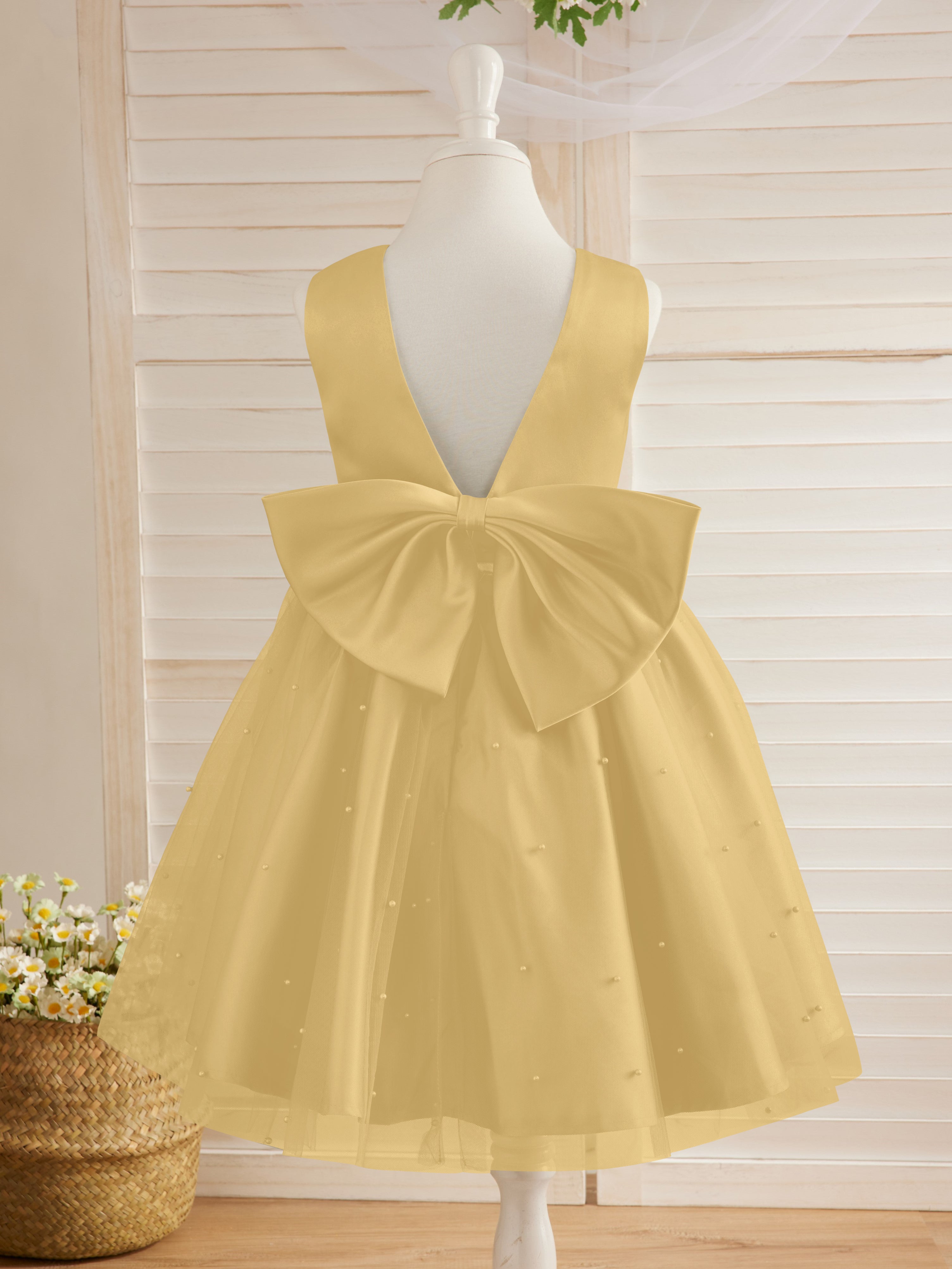Vestido de princesa/vestido de princesa de satén y tul hasta la rodilla para niña de las flores 