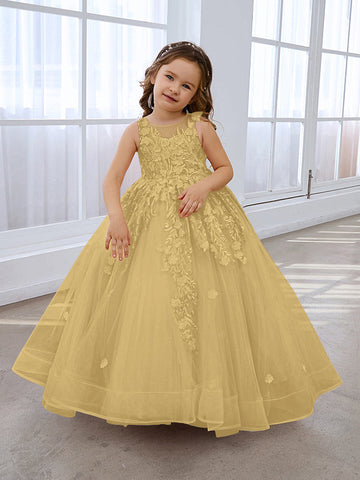 Vestido de princesa rosa para niñas con apliques de encaje 