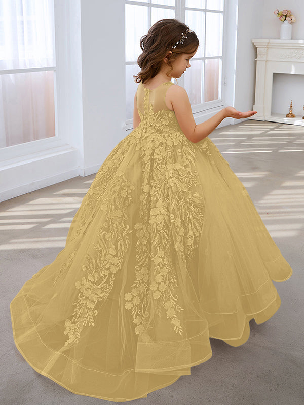 Vestido de princesa rosa para niñas con apliques de encaje 