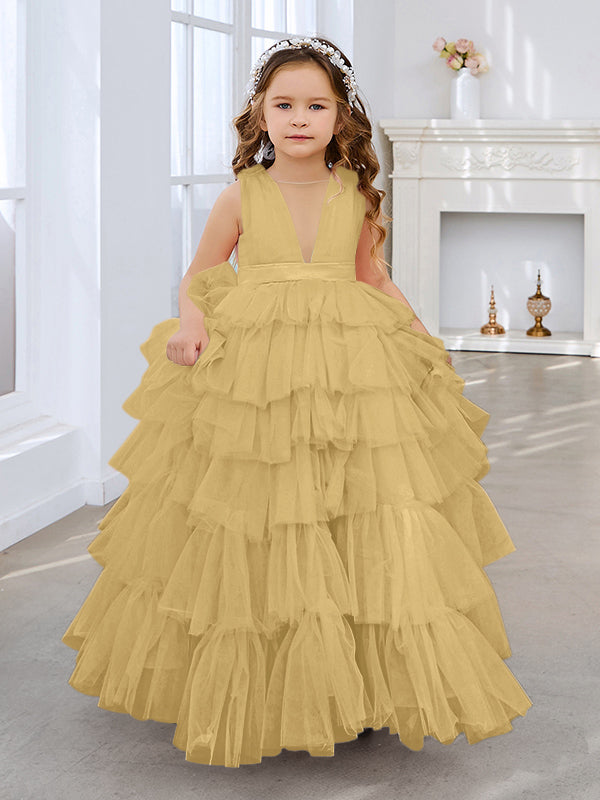 Vestido de princesa rosa perla sin mangas para niña de las flores con lazo de tul 