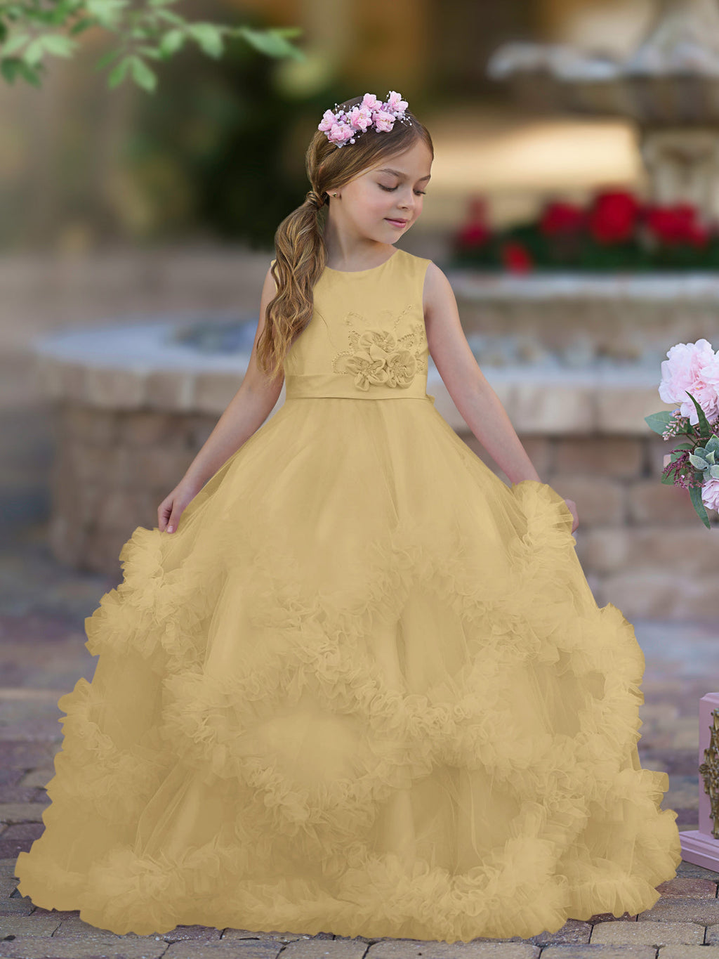 Vestido de niña de las flores de corte A, de satén y tul, hasta el suelo, con volantes en cascada. 