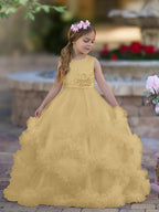 Vestido de niña de las flores de corte A, de satén y tul, hasta el suelo, con volantes en cascada. 