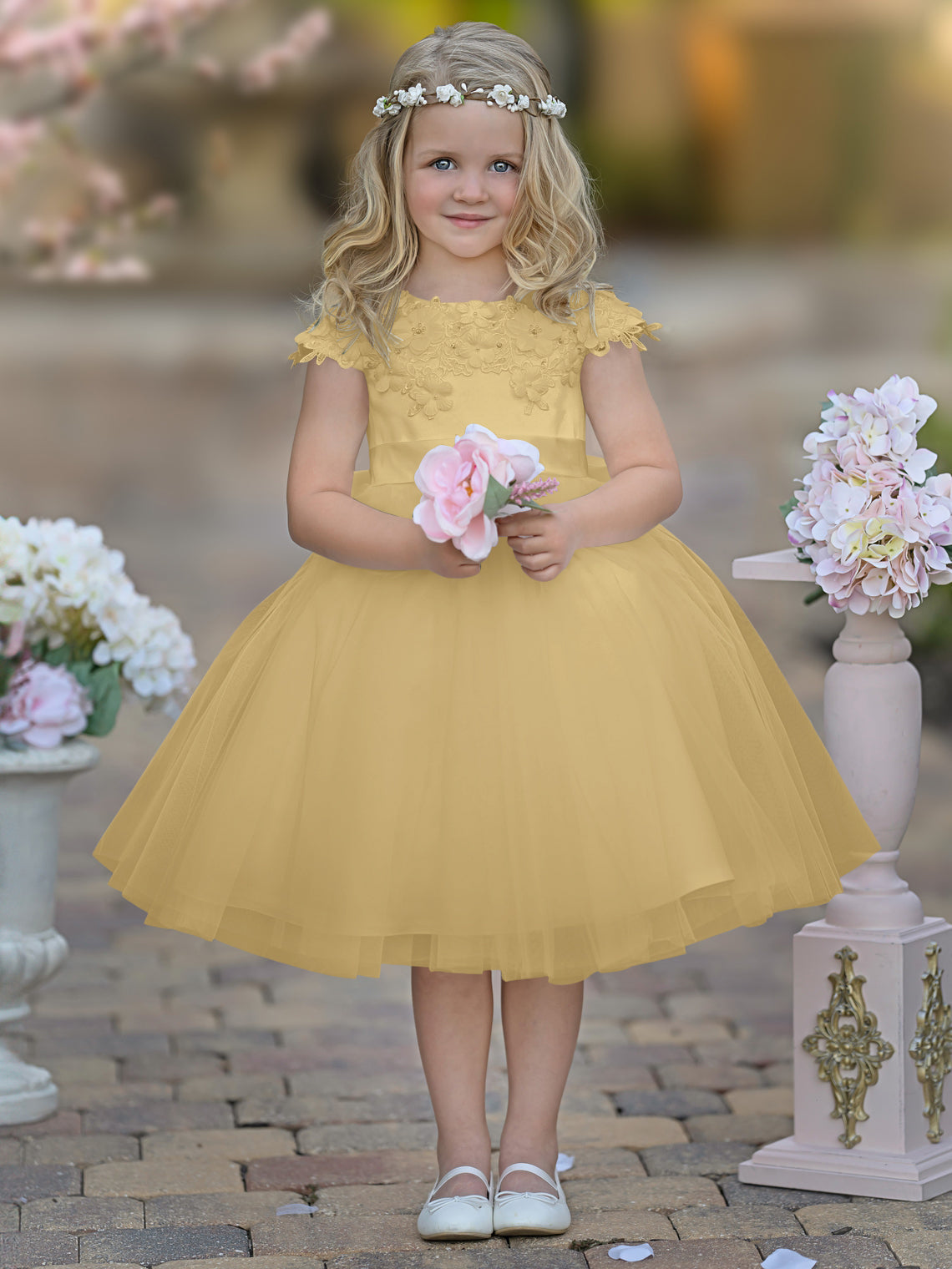 Vestido de niña de las flores de la Primera Comunión, color marfil, de tul satinado hasta la rodilla 