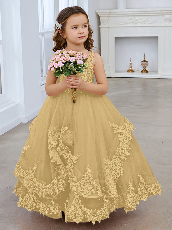 Vestido de princesa sin mangas de tul con apliques de encaje y cola corta para niñas 