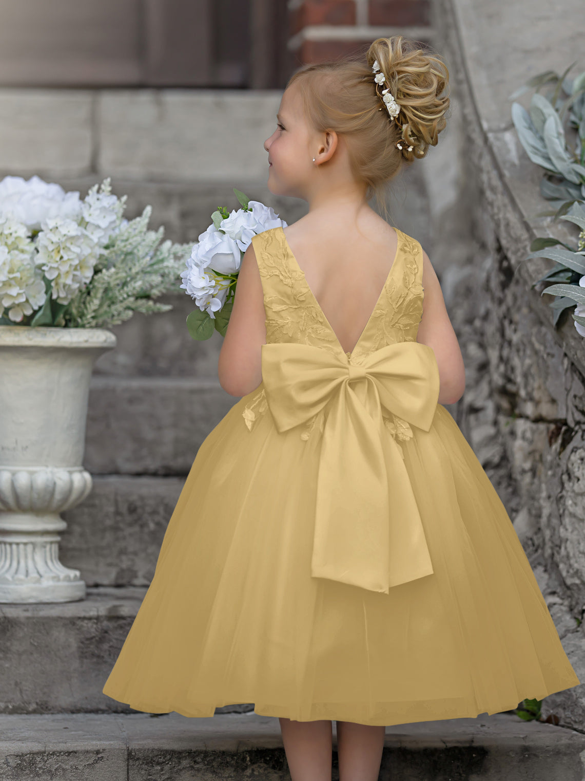 Vestido de niña de las flores sin mangas de tul y encaje hasta la rodilla 