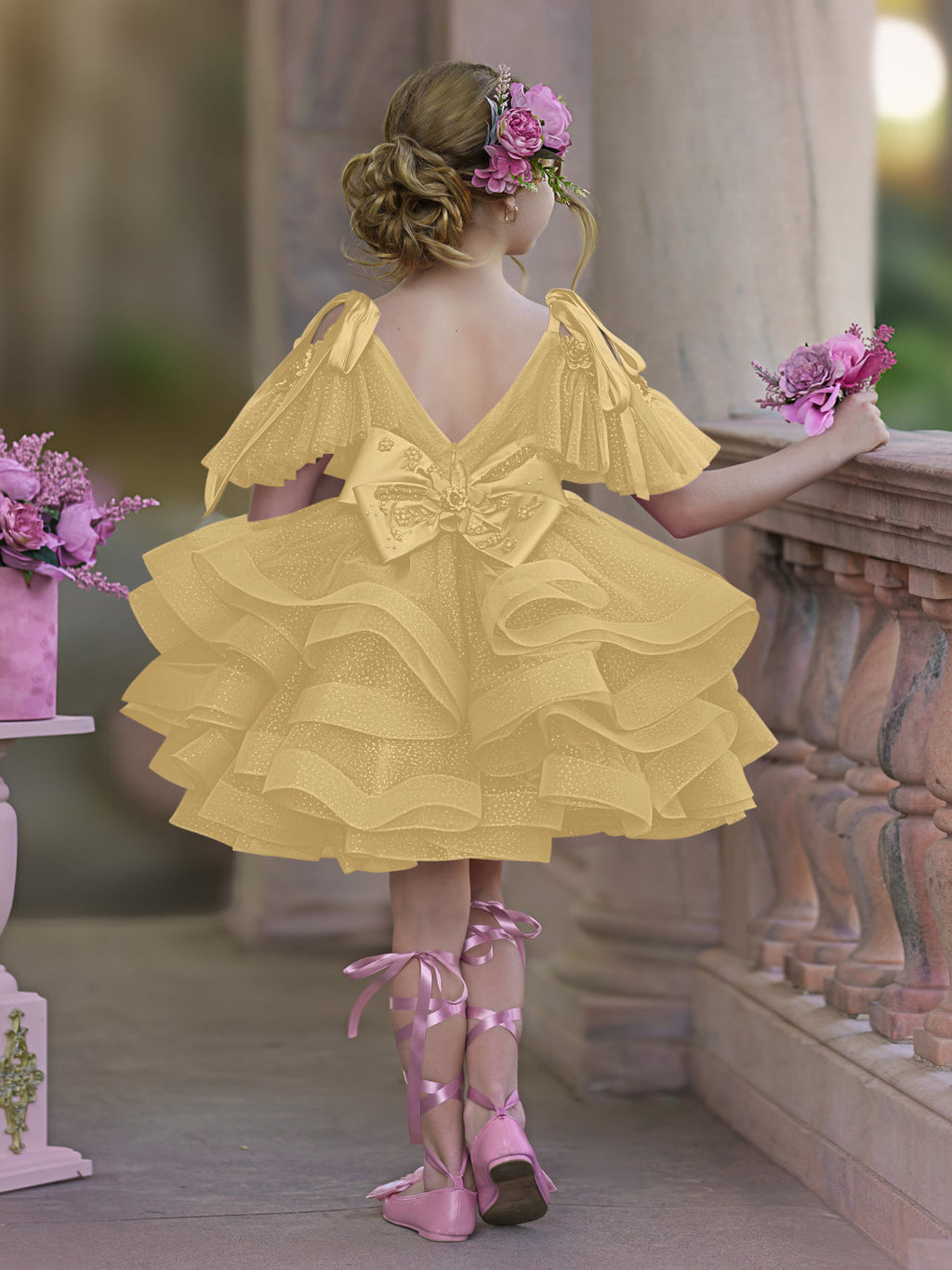 Vestido de princesa/vestido de tul hasta la rodilla para niña de las flores de cumpleaños