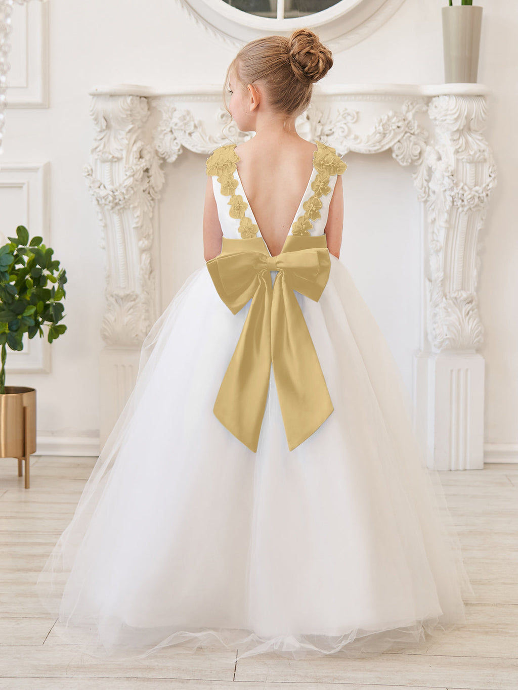 Vestido de princesa/de princesa con flores 3D de tul hasta el suelo, color marfil, para niña de las flores 