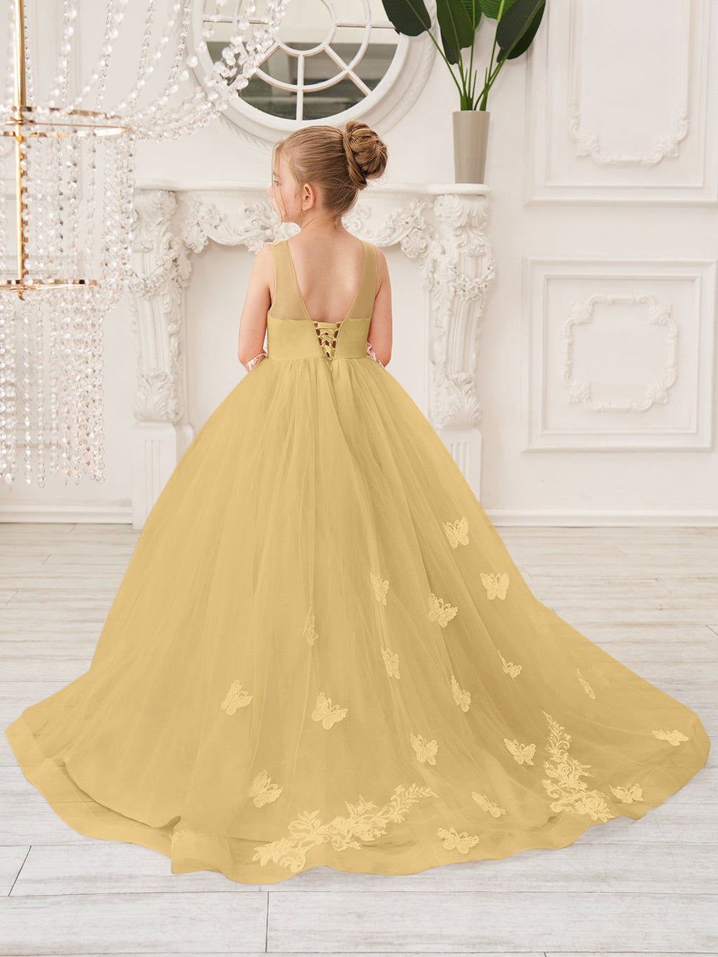 Elegante vestido de princesa sin mangas de tul para niña de las flores, corte en A 