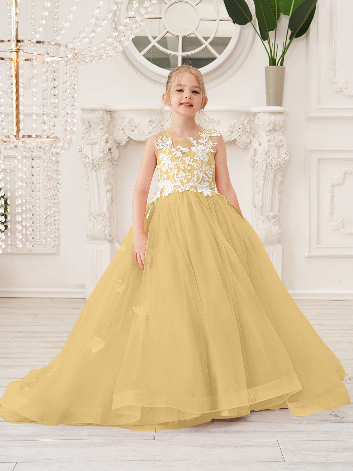 Elegante vestido de princesa sin mangas de tul para niña de las flores, corte en A 