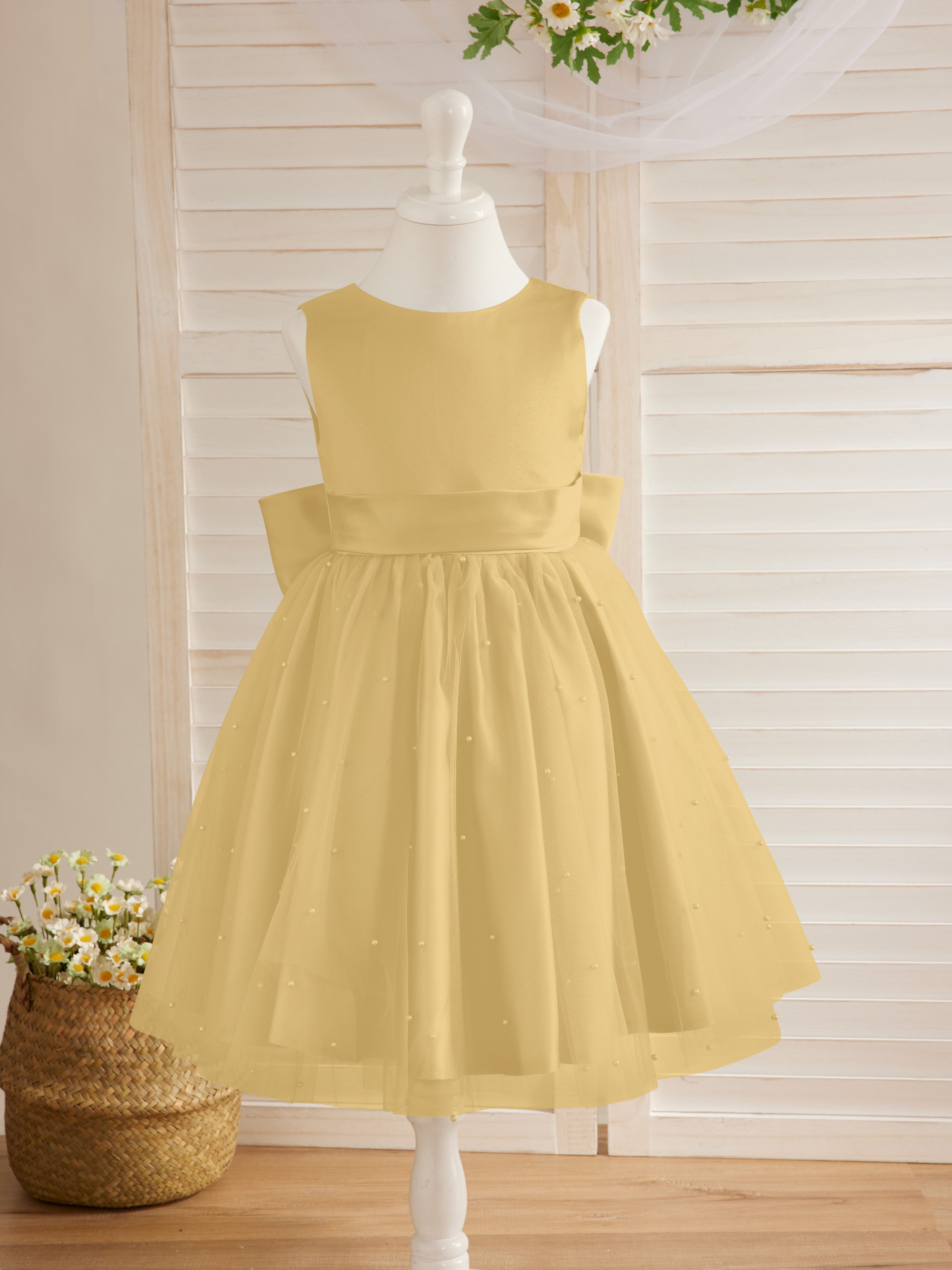 Vestido de princesa/vestido de princesa de satén y tul hasta la rodilla para niña de las flores 