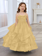 Vestido de niña de las flores de tul sin mangas, corte princesa, azul pizarra, corte en A, estilo princesa 