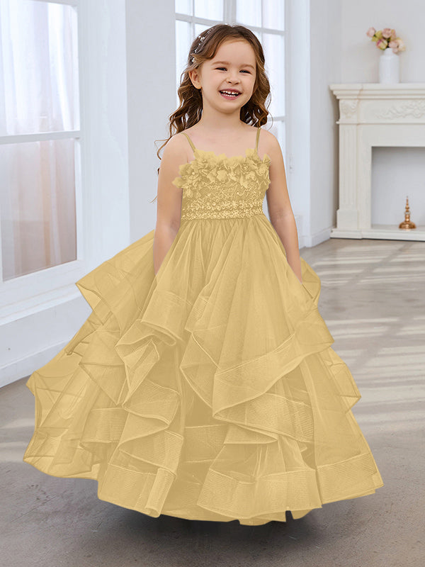 Vestido de niña de las flores de tul sin mangas, corte princesa, azul pizarra, corte en A, estilo princesa 