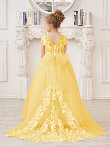 Vestido rosa de niña de las flores, corte en A, encaje, tul y cola corta 