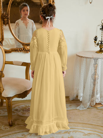 Robe de première communion ivoire en mousseline de soie, coupe trapèze, longueur au sol 